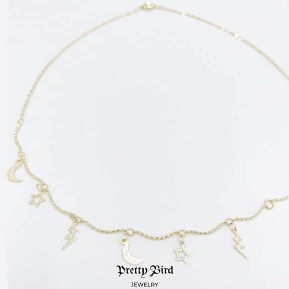 18K Yellow Gold Plated Hammered Celestial Charm Choker Necklace - 18" - Picture 3 of 4